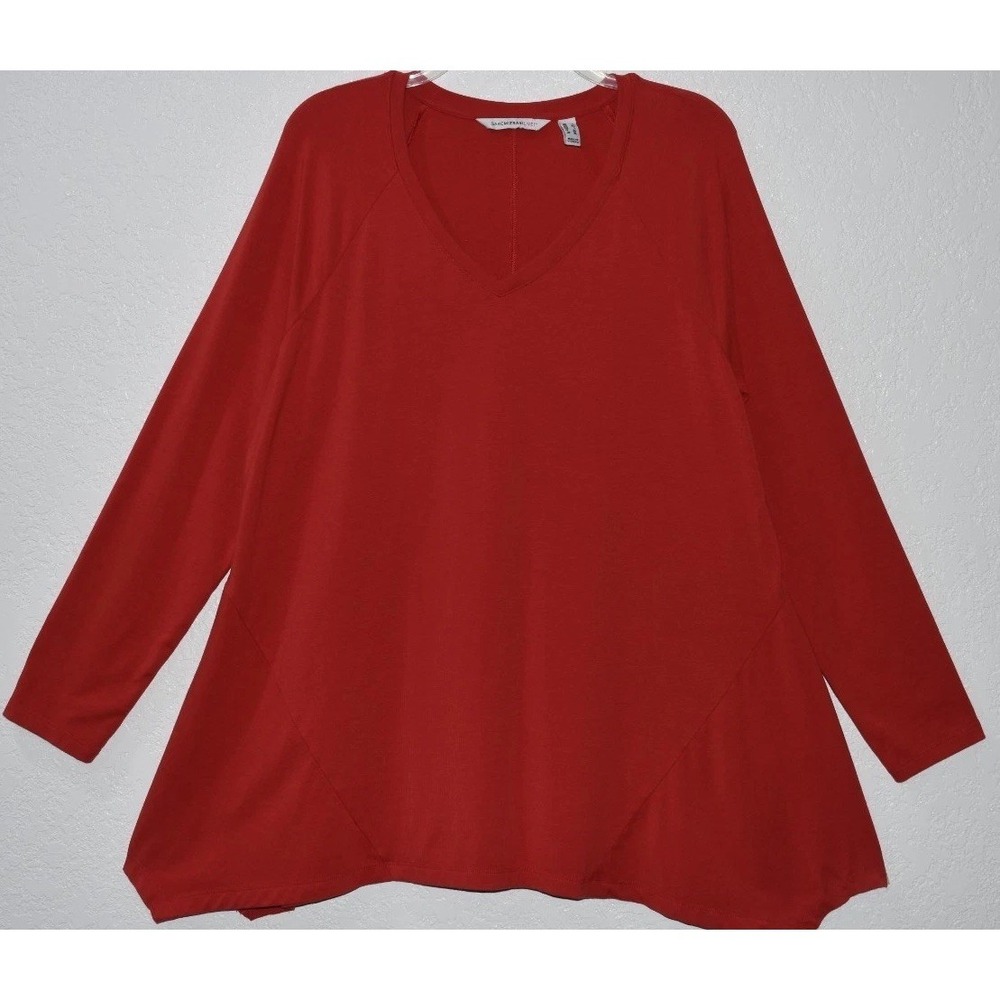 Isaac Mizrahi Top LARGE Coral Cotton Stretch Asymmetrical Hem V-Neck Long Sleeve